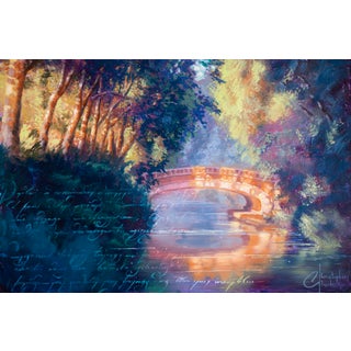 Toulouse Canal de Brienne Bridge by Christopher Clark | Oil and Acrylic on Wood Panel Landscape with a bridge over a canal surrounded by trees. For Sale