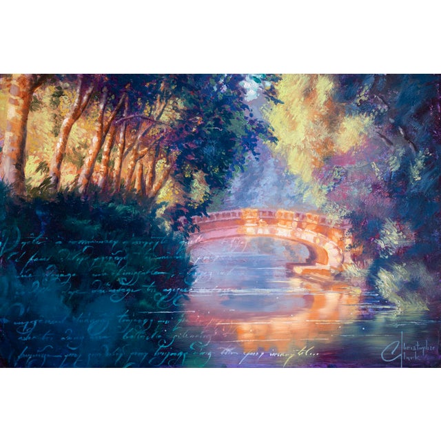 Toulouse Canal de Brienne Bridge by Christopher Clark | Oil and Acrylic on Wood Panel Landscape with a bridge over a canal surrounded by trees. For Sale
