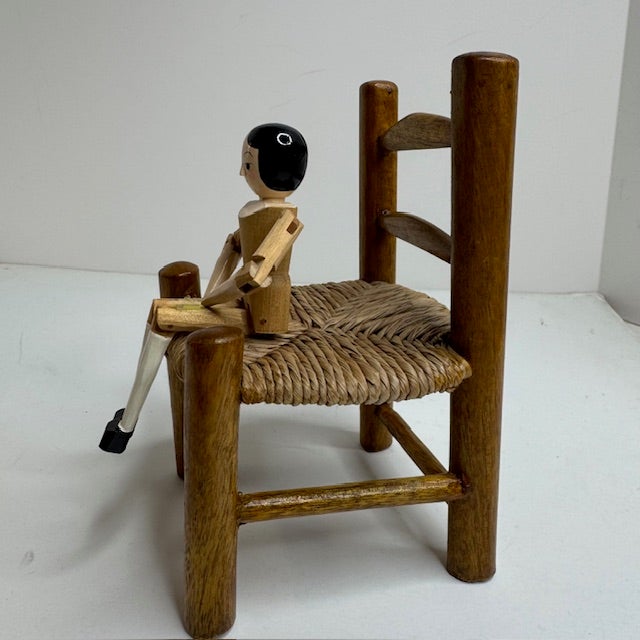 Vintage Eric Horne Co. Wooden Peg Doll in a Rush-Seat Chair, Made in Usa For Sale - Image 14 of 15