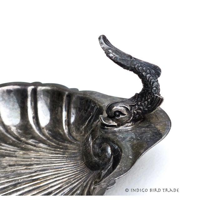 A vintage Gotham silver plated trinket dish in shape of clam shell with Koi fish figure handle. Great condition with age...