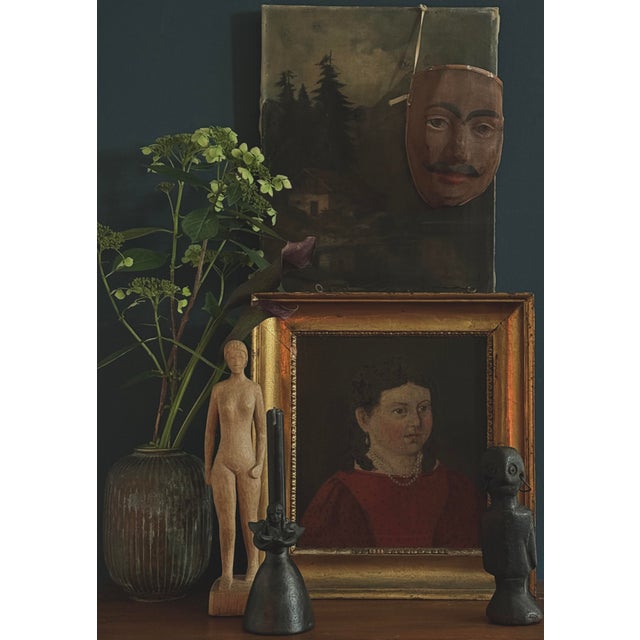19th Century Danish Folk Art Portrait of Young Girl in Red Dress with Pearl Necklace Artist: Unknown (Danish School) Date:...