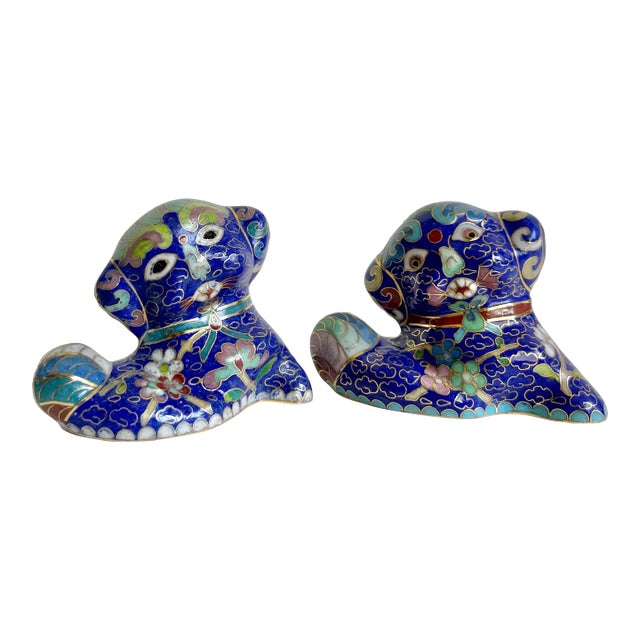 Pair of Petite Asian Cloisonné Foo Dog Figurines For Sale