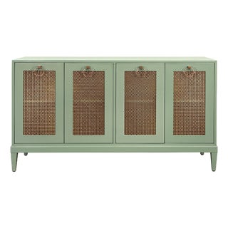 Matthew Izzo Home Glossy Sage Green Four Door Buffet With Brass Front Doors and Acrylic Door Pulls For Sale