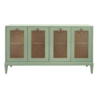 Matthew Izzo Home Marcella Glossy Sage Green Four Door Buffet With Brass Front Doors and Acrylic Door Pulls For Sale