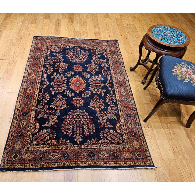 Antique Persian Mahajiran Sarouk Area Rug, Hand-Knotted Wool, Allover Floral Pattern, Navy & Red, 4x6 For Sale - Image 14 of 14