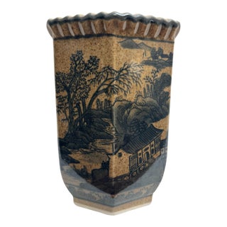 Vintage Chinoiserie Landscape Scene Glazed Ceramic Hexagon Vase, Taupe & Black For Sale