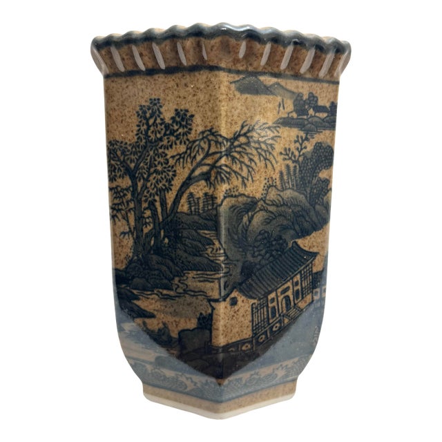 Vintage Chinoiserie Landscape Scene Glazed Ceramic Hexagon Vase, Taupe & Black For Sale