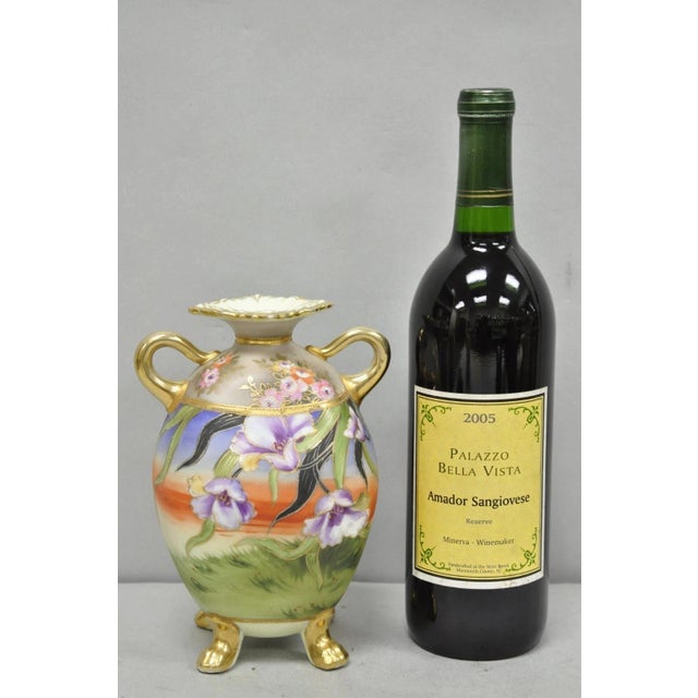 Antique Nippon Moriage Hand Painted Porcelain Purple Iris & Gold Gilt Small Vase - Pair. Circa Early 20th Century....