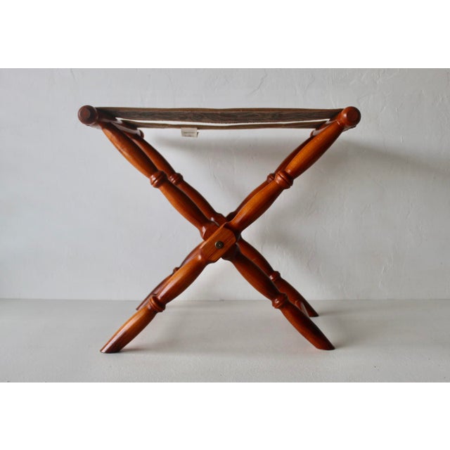 Vintage French Beechwood and Tapestry Folding Luggage Rack Nailhead Detail For Sale - Image 9 of 18