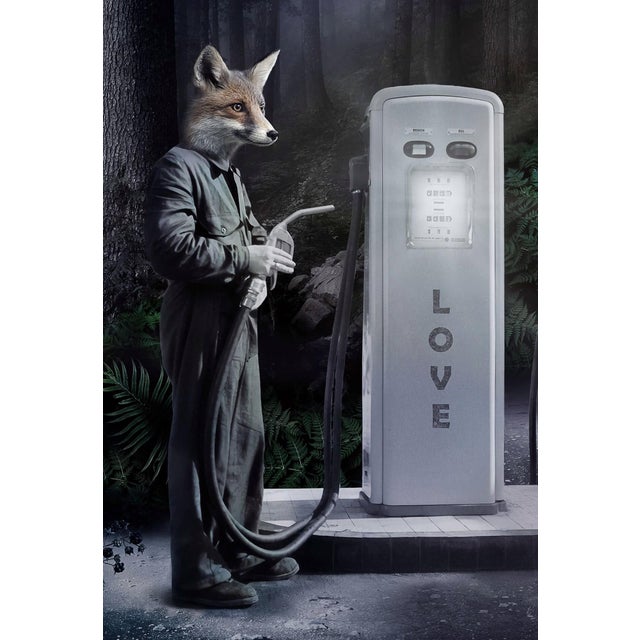 In "Save Our Future III," a surreal landscape unfolds, featuring anthropomorphic animals engaging with vintage gas pumps...
