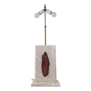 Brutalist Belgian Cream Marble Table Lamp with Agate Inlay, 1970s For Sale