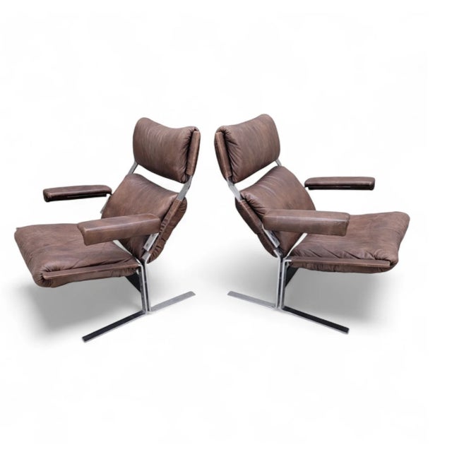 Mid Century Modern Brown Leather and Chromium Lounge Chairs and Ottoman Attributed to Richard Hersberger For Sale - Image 11 of 11