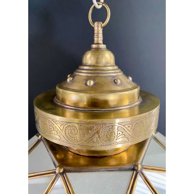 Glass Art Deco Style Globe White Milk Glass & Brass Pendant Chandelier Lantern For Sale - Image 7 of 15