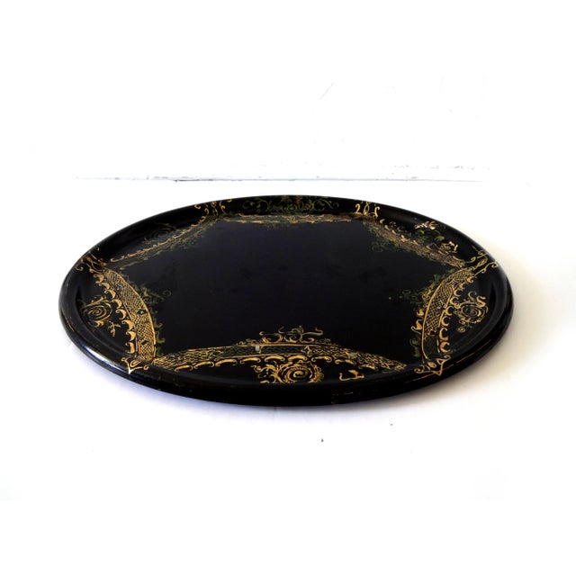 Mid 19th Century Antique Black Mother of Pearl Inlay Papier Mache Tray For Sale - Image 4 of 11