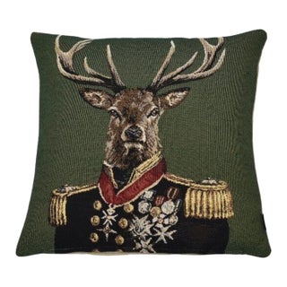 Admiral Stag Green Tapestry Cushion With Feather Filler - 33x33cm (13"x13") For Sale