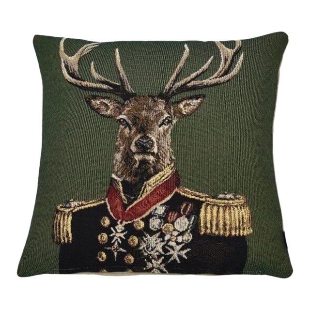 Admiral Stag Green Tapestry Cushion With Feather Filler - 33x33cm (13"x13") For Sale