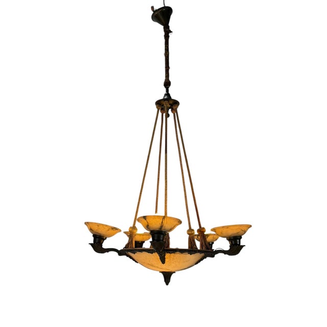 1930s Art Deco French Alabaster Chandelier, 1930s For Sale - Image 5 of 17