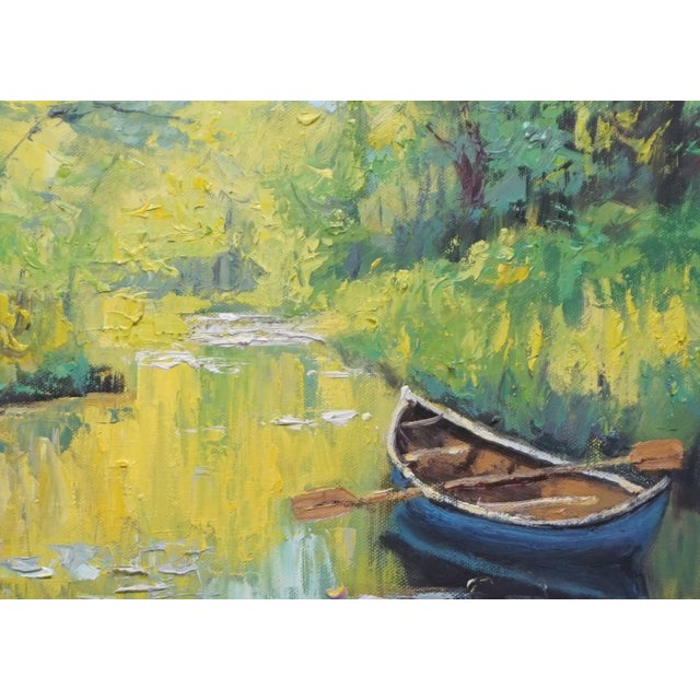 Original oil landscape by Sean Wu, A small boat in the pond in the woods.