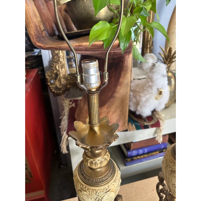 Up for consideration is a beautiful vintage pair of Mid-Century Modern brass and off-white lamps. These are such simple...