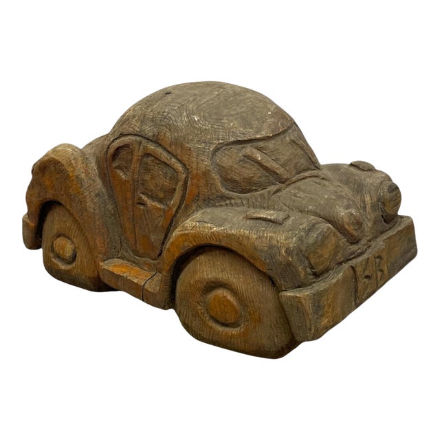 Vintage Hand Carved Wooden Car Sculpture in the Style of a Volkswagen Beetle For Sale