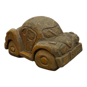 Vintage Hand Carved Wooden Car Sculpture in the Style of a Volkswagen Beetle