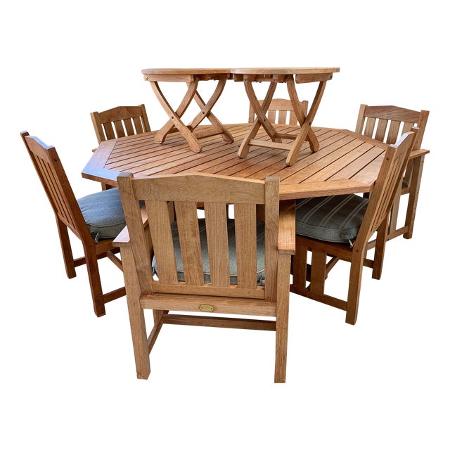 1990s Brown Jordan Mission Teak Patio Set With Table and Six Chairs