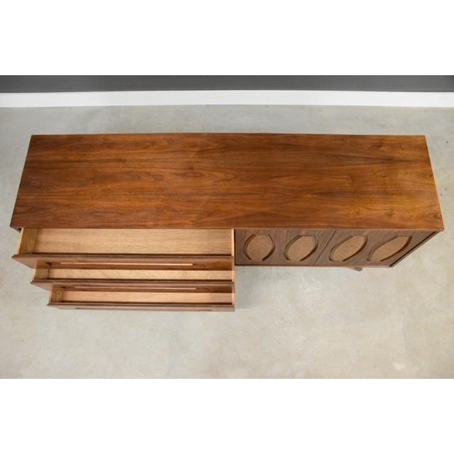 Brown 1960s Refinished Walnut and Burl Long 78” Dresser by Young Manufacturing For Sale - Image 8 of 9