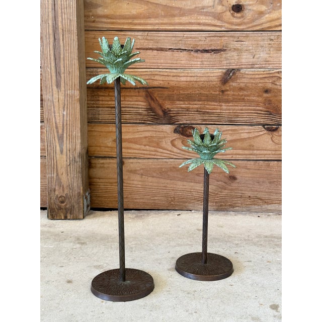 Metal Pair of Tropical Palm Tree Metal Candle Holders With Verdigris Finish For Sale - Image 7 of 8