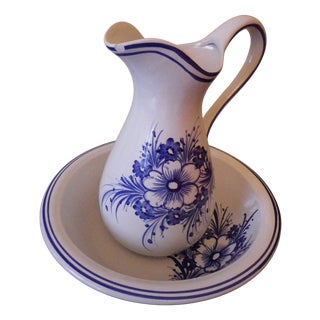 Vintage Wash Pitcher and Basin in Glazed Ceramic, France, 1940s, Set of 2 For Sale