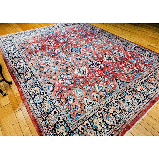 Vintage Mahal Sultanabad Rug, Hand-Knotted Wool, Geometric Pattern, Red & Blue, 9x13 For Sale - Image 4 of 16