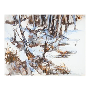 Mid 20th Century Snowy Winter Forest Landscape Painting