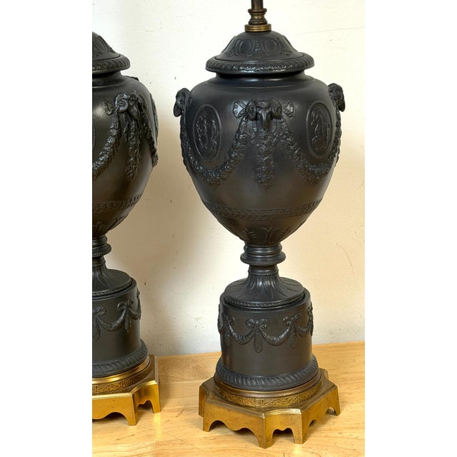 Mid 20th Century Warren Kessler Wedgwood Style Black Basalt Neoclassical Urn Lamps - a Pair For Sale In West Palm - Image 6 of 16