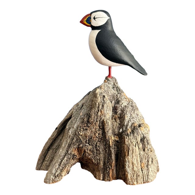 Carved Puffin Bird on Driftwood, Signed For Sale