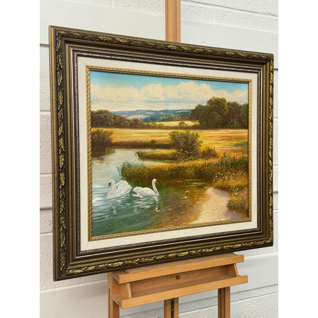 Swans on a River with Wild Flowers in the English Countryside by British Artist 1980 Circa For Sale - Image 12 of 18