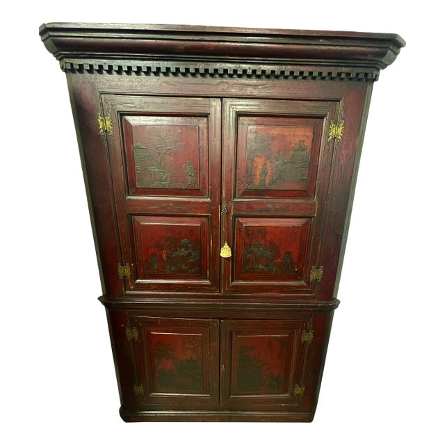 19th Century American Southern Plantation Chinoiserie Decorated Corner Cupboard For Sale