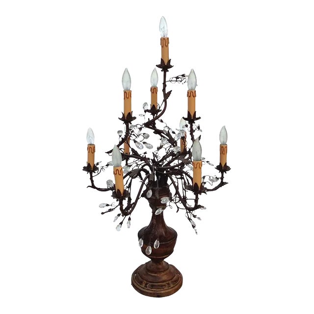 French Louis XVI Style Gilt & Crystal Candelabra Table Lamp For Sale