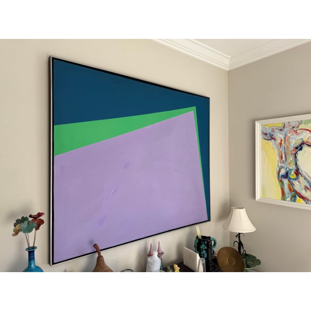 Large vintage 1980s postmodern framed geometric painting with purple, green, and blue. The piece is framed in original...