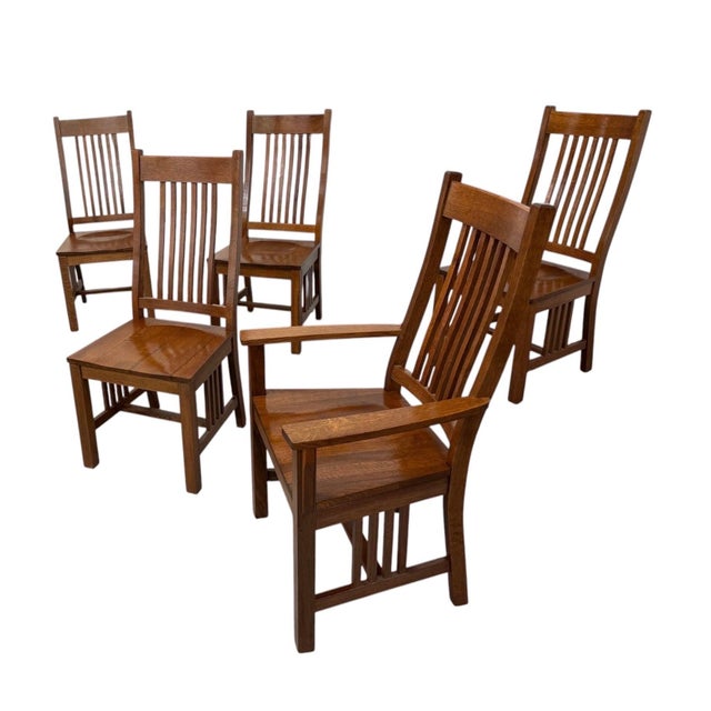 Mission Vintage Stickley Style Mission Oak Dining Chairs - Set of 6 For Sale - Image 3 of 8
