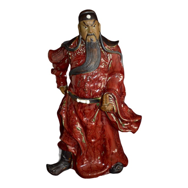 Vintage Chinese Shiwan Pottery Guan Yu Statue Oxblood Glazed Ceramic Guan Gong For Sale