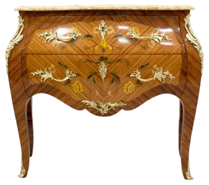 Antique Louis XV Style Rosewood and Brass Chest of Drawers with Marble Top