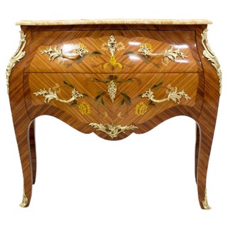 Antique Louis XV Style Wood and Brass Chest of Drawers with Marble Top For Sale