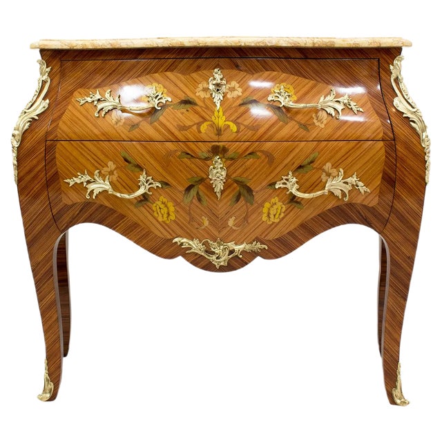 Antique Louis XV Style Wood and Brass Chest of Drawers with Marble Top For Sale