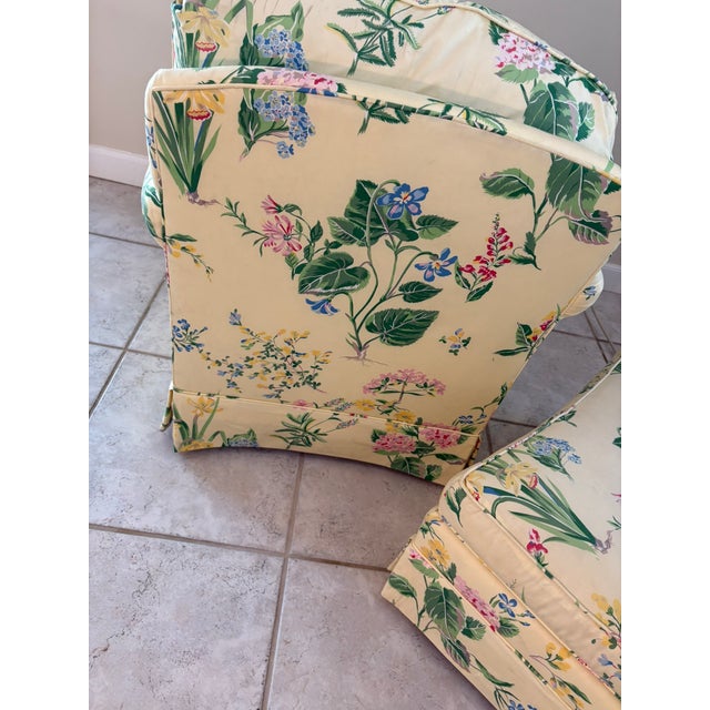 Late 20th Century Henredon Custom Yellow Floral Chintz Upholstered Armchair With Ottoman For Sale - Image 9 of 16