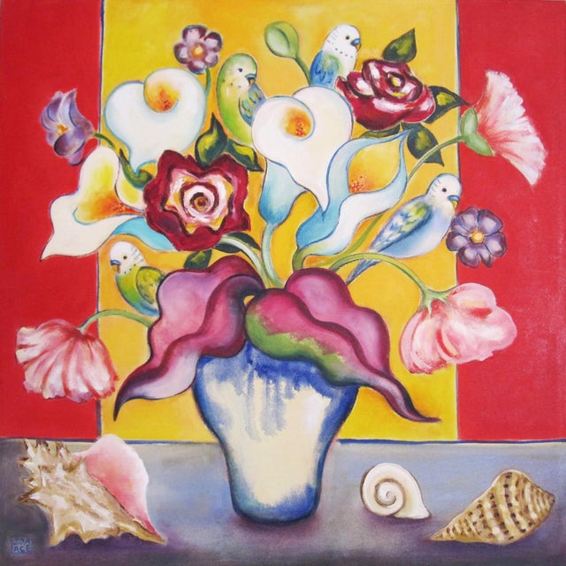 Bouquet with Parakeets by Zoa Ace | Oil on canvas Still life of flowers and parakeets in a vase For Sale