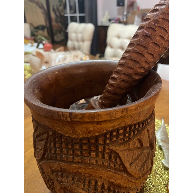 Rustic European Hand Carved Vintage Detailed Wooden Mortar and Pestle For Sale - Image 3 of 12