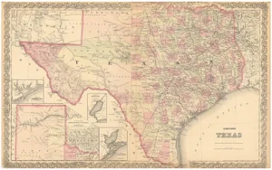 Large Antique Map of Texas with Panhandle and Bay Inset Maps, 1873