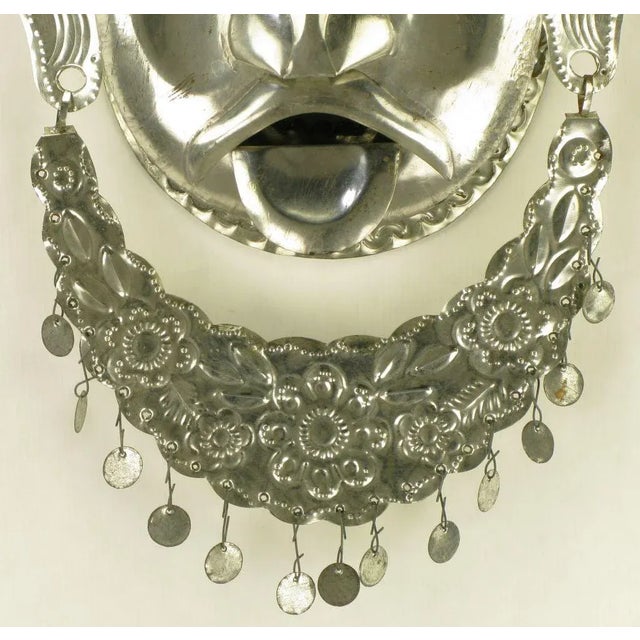 Stamped & Polished Metal Tribal Mask Wall Hanging For Sale - Image 4 of 9