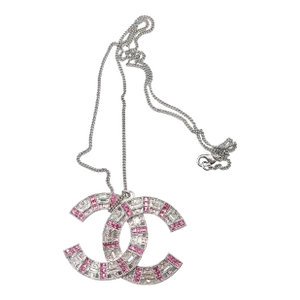 Chanel Silver CC Pink Baguette Crystal Large Pendant Necklace