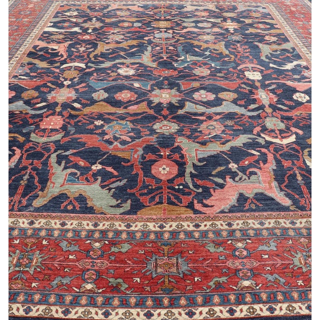 Large Persian Bidjar Rug With Navy Field and Red Border Floral Design For Sale - Image 14 of 16