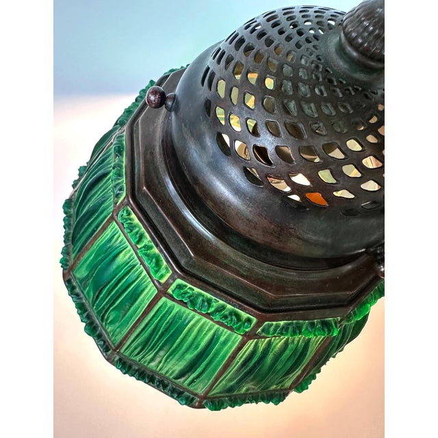 Rare Green Linenfold Double Student Table Lamp Tiffany Studio For Sale - Image 16 of 18